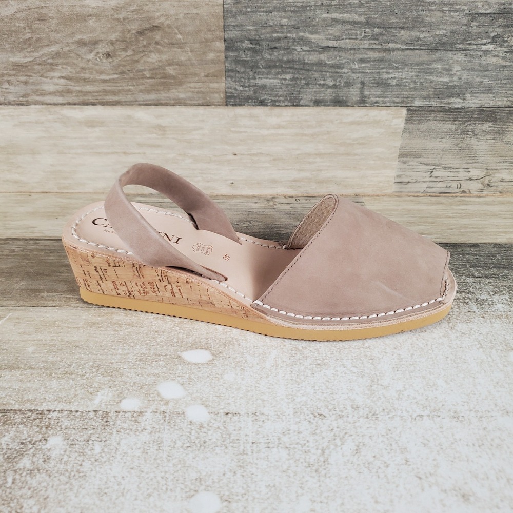 Calaxini Cork Womens Wedge Sandals Sz 9.5 Taupe Leather Slingback Peep Toe